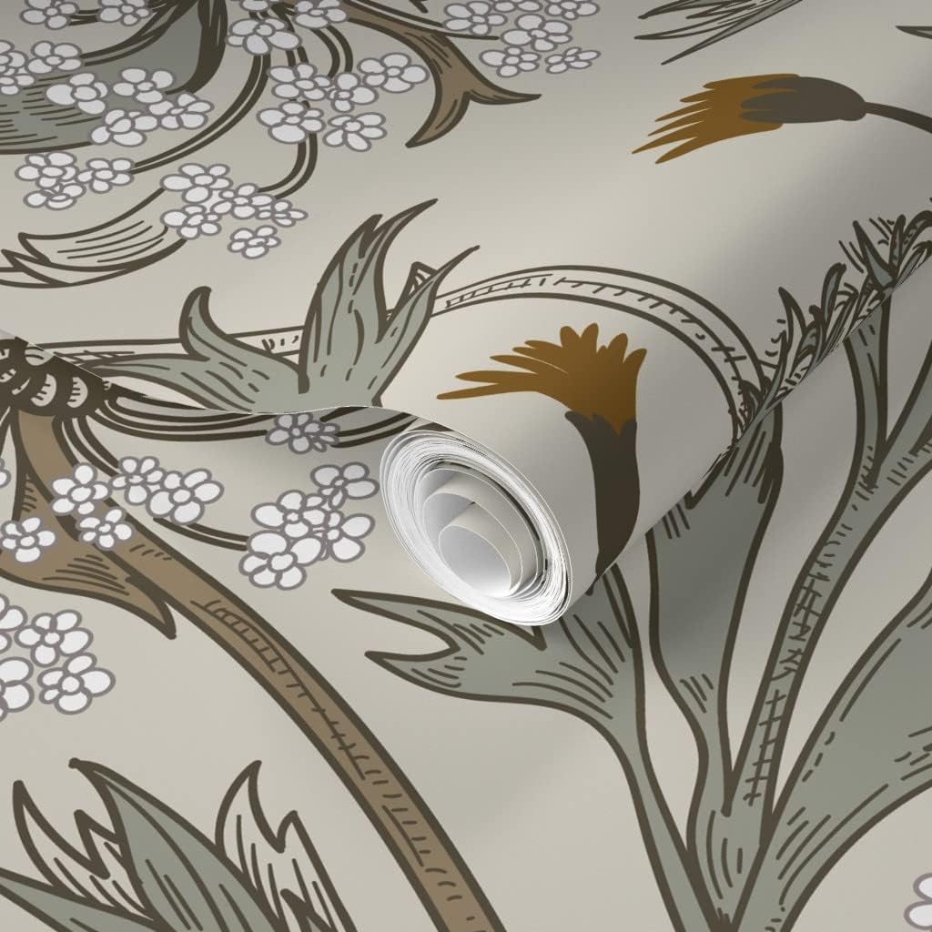 Spoonflower Removable Wallpaper Swatch - Flower Medieval Grass Romantic Dandelion Field Custom Pre-Pasted Wallpaper