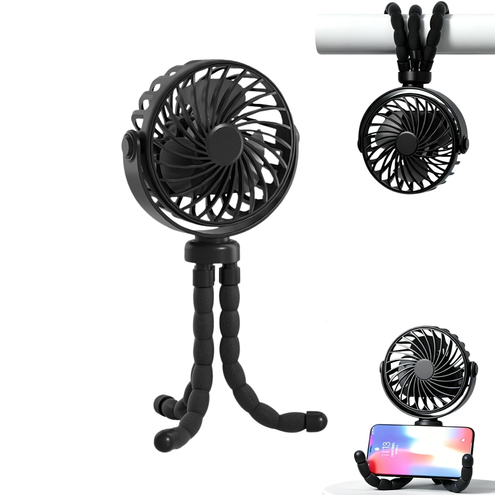 zolyet Portable Pram Fan, 3-Speed Flexible Tripod Rechargeable Fan Pram 360ยฐ Rotation Small Clip on Fan for Stroller Handheld Desk Cooling Fan for Car Seat Crib Treadmill Travel