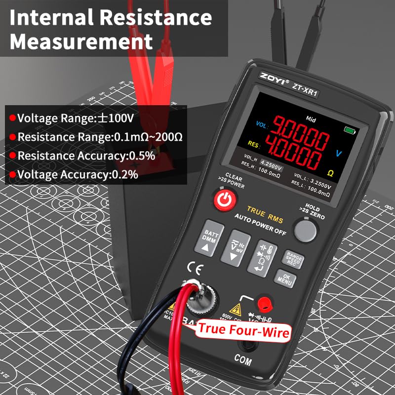 ZOYI ZT-XR1 displaying internal resistance measurement details and specifications