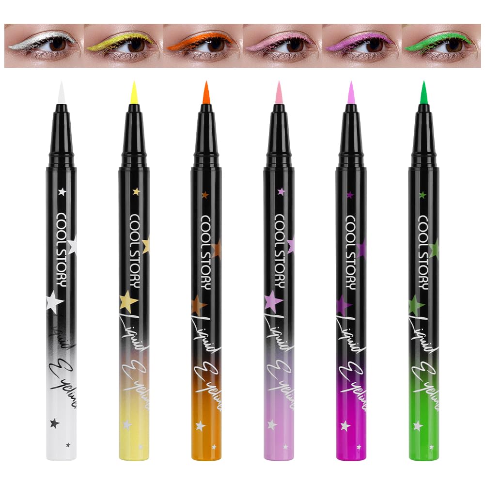 LOPHE Zestaw eyelinera, 6 kolorów, świecący eyeliner, matowe wykończenie, wodoodporny, trwały, płynny eyeliner z bardzo delikatnym pędzlem, na Halloween, karnawał