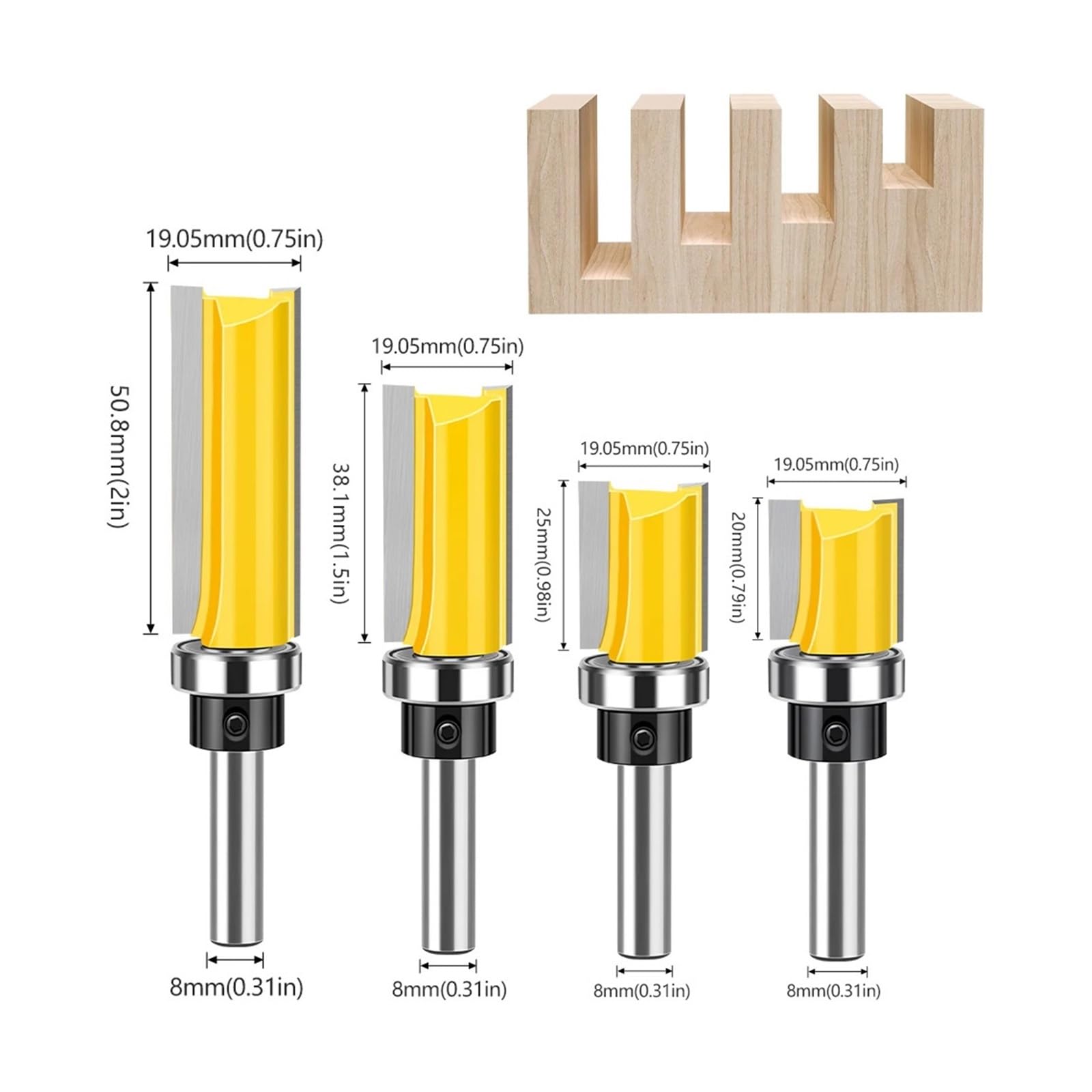 1/4 Szt. Łożysko Trzpieniowe 8mm Wzór Wykończenia Płaskiego Frez Do Obróbki Drewna Profilowania Prostych Krawędzi I Przycinania(4Pcs 8mm Shank)