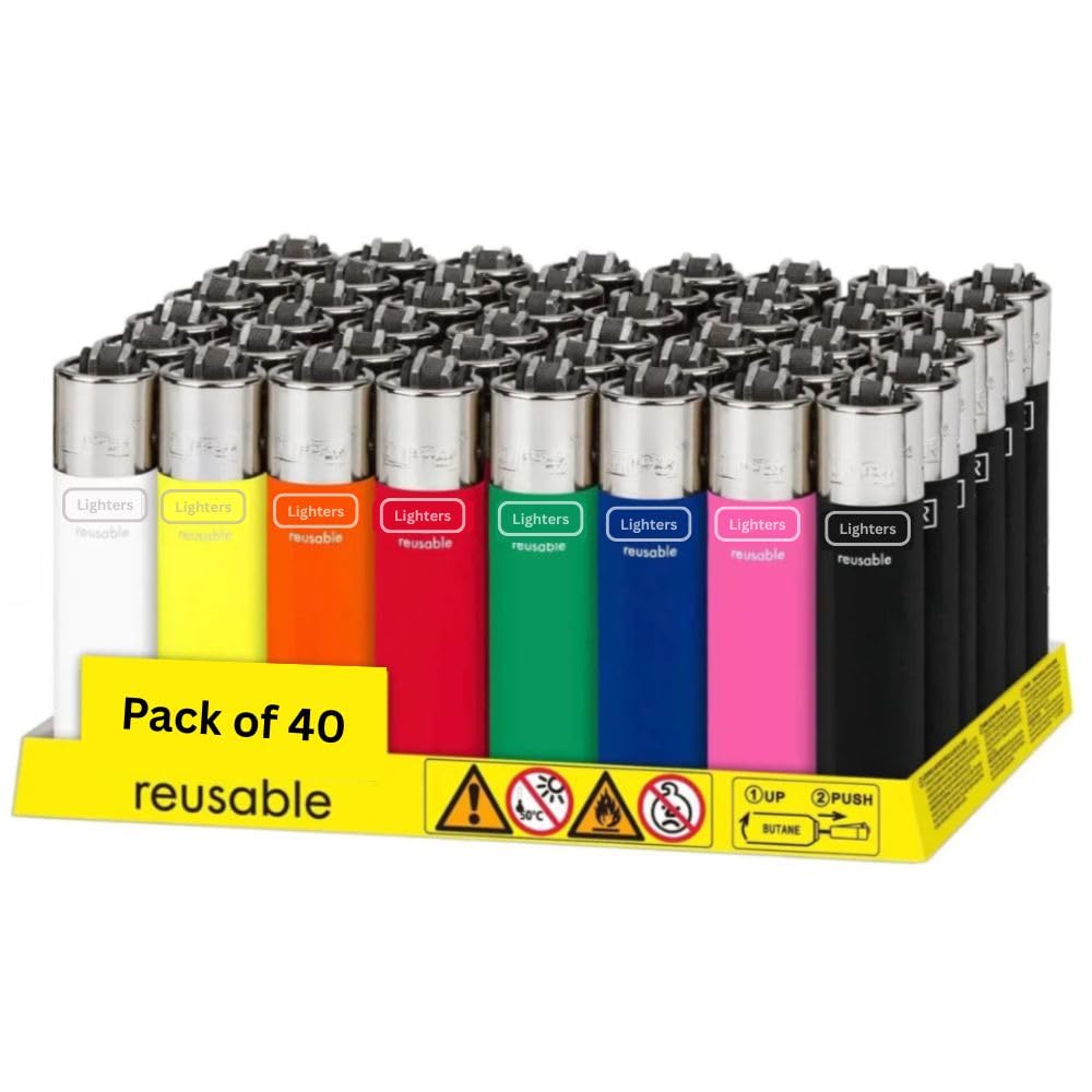 40 x Soft Touch Lighters Gas Refillable Flint Lighter - Genuine Reusable Lighters