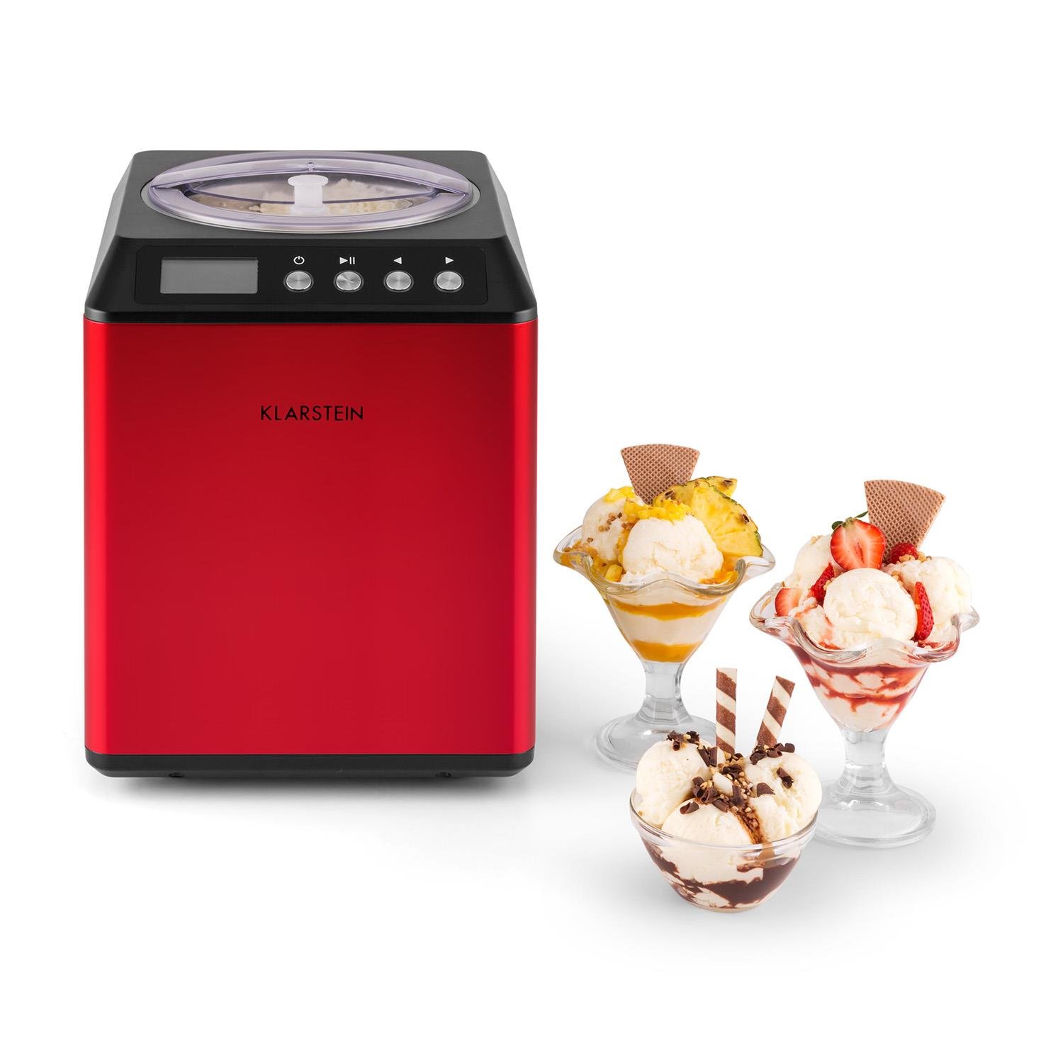 Klarstein Vanilla Sky - Macchina per Gelato, Funzione di Raffreddamento, Timer, 3-4 min, Display LED, Facile da Pulire, Acciaio Inox, Cucchiaio, 18 Watt, Capacità: 2 Litri, Rosso