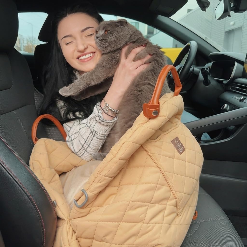 4 Cats & Dogs Mew Mew Travel Pet Bed – Soft Carrier for Small Dogs & Cats, Water-Resistant Quilted Shell, Adjustable Belts for Car Travel, Anti-Slip Bottom, Portable Pet Bed & Travel Bag - Caramel