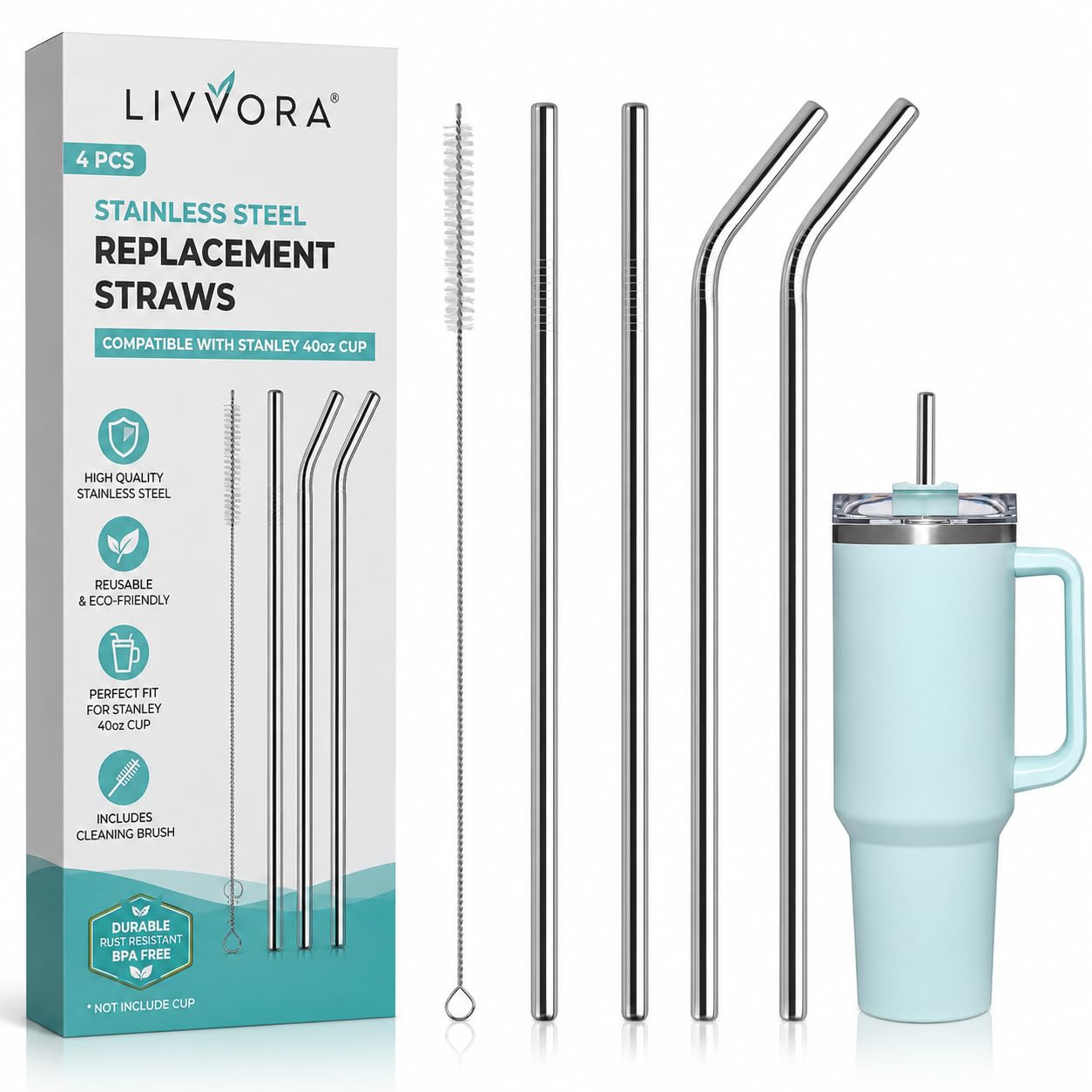 4 PCS Stainless Steel Replacement Straws for Stanley 40oz Cup, Reusable Compatible with Stanley Adventure Durable Cup Straws with Cleaning Brush(NOT Include Cup)-image-27
