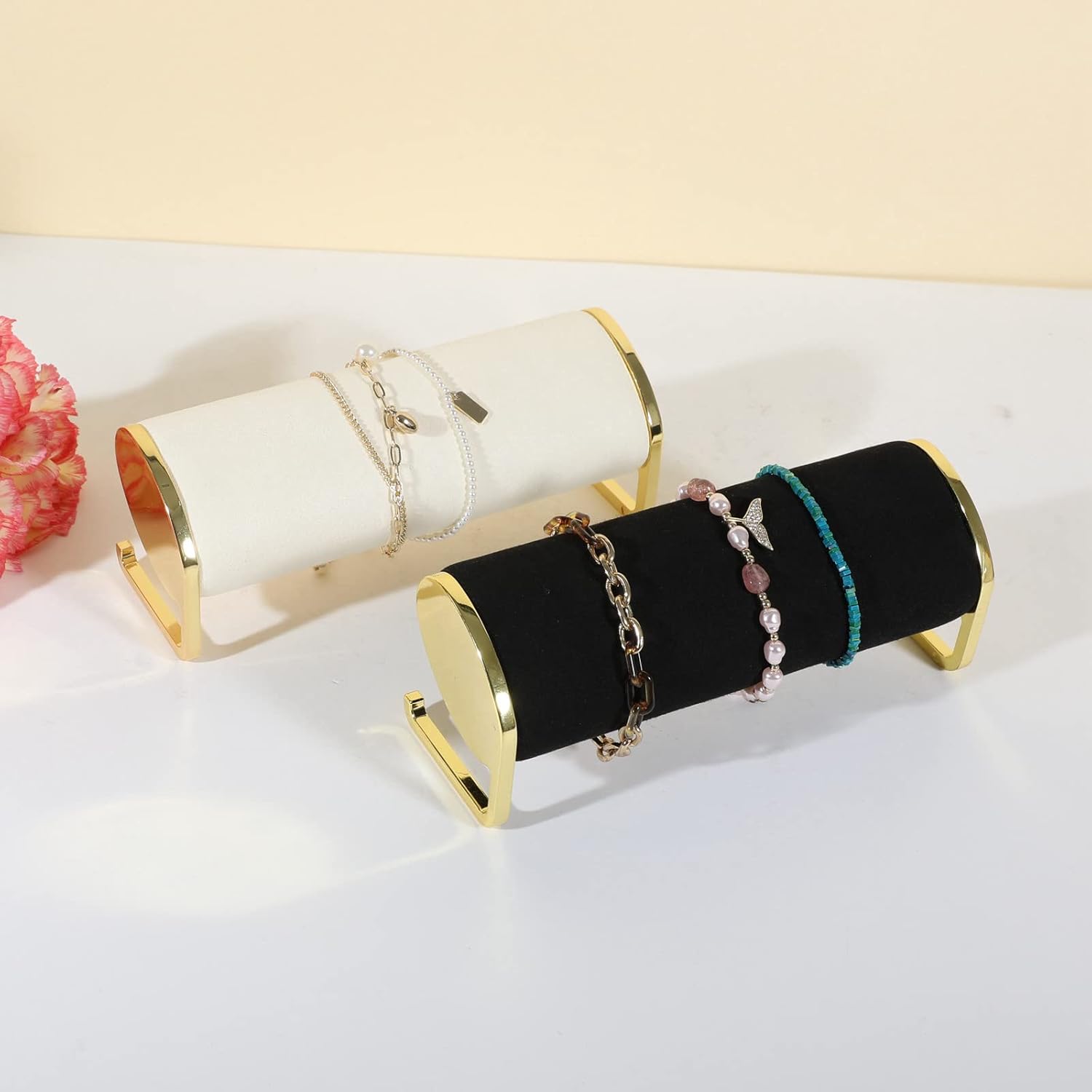 GemeShou black velvet watch stand, jewelry bracelet display stand for selling, metal bangle holder gold jewelry organizer【Black-Long】