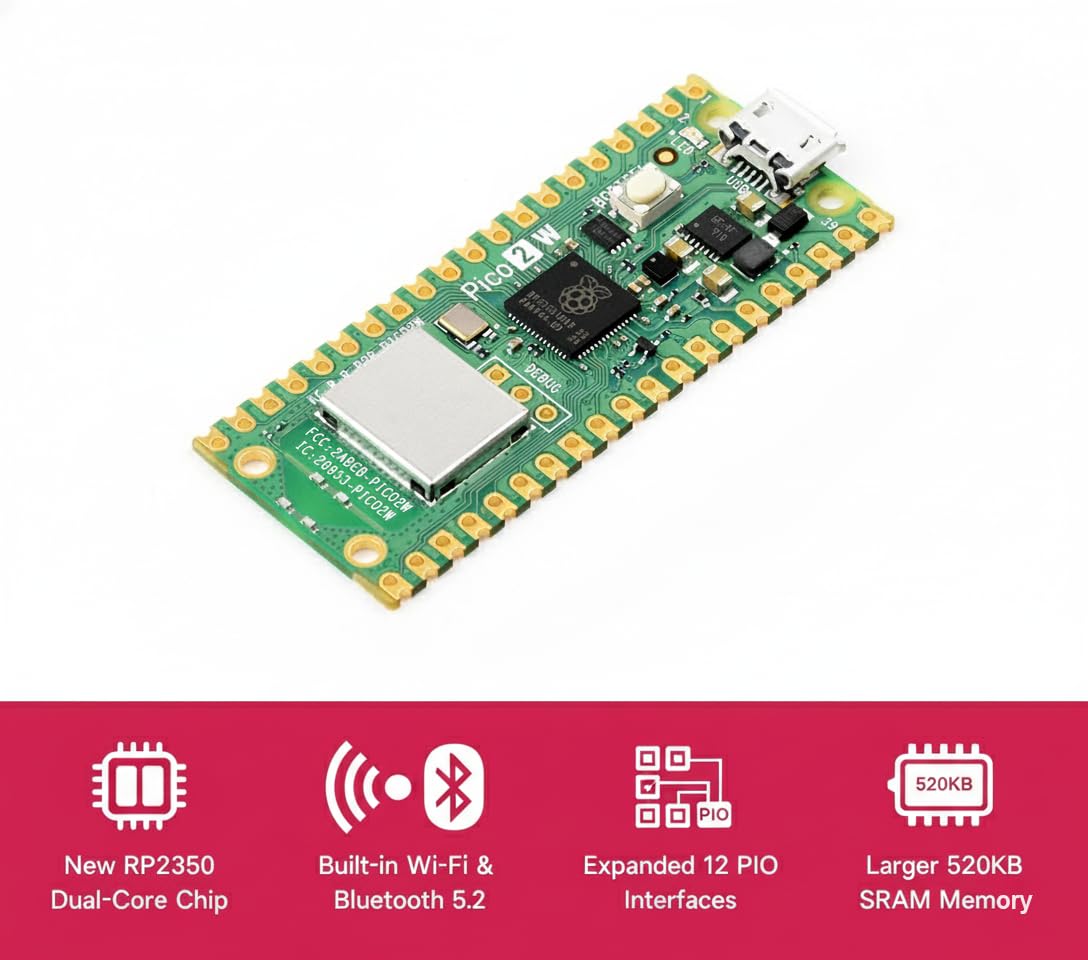 Pi Pico 2 W (RP2350) Microcontroller Board with 2.4GHz Wi-Fi