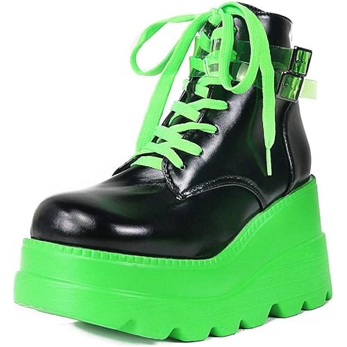 mikarka Holographic Platform Boots for Women, Lace Up Ankle Studded Buckle Goth Stacked Wedge Combat Ankle Boots