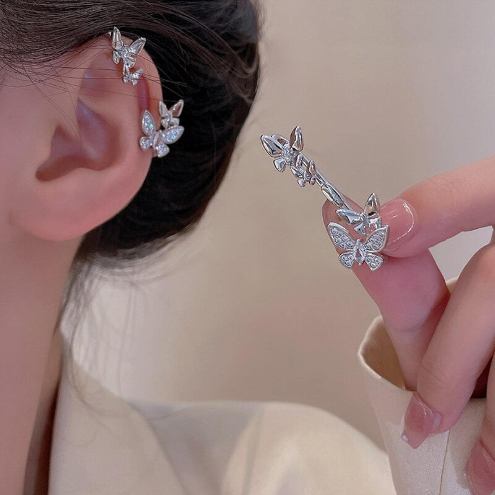 1 Paio Orecchini A Farfalla Con Zirconi – A Clip, Senza Piercing, Argento, In Lega Di Zinco, Gioielli Per Donna - 2