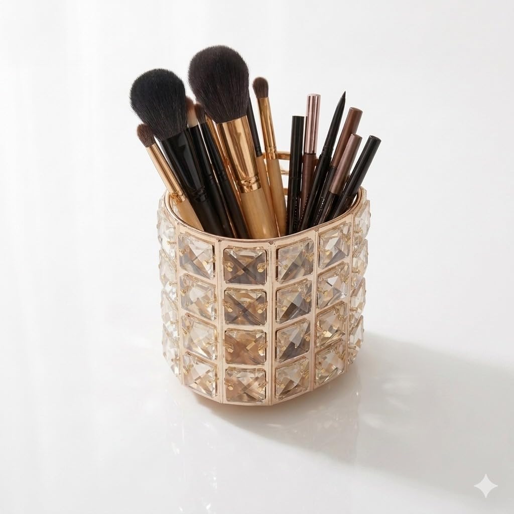Crystal Vanity Organizer Makeup Brush Holder Crystal Accents (Golden Oval)
