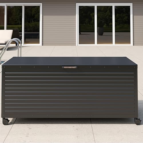 Miniatura 5 de MIRADOR Caja de almacenamiento para exteriores de 281 galones, impermeable, caja de cubierta de metal con ruedas para muebles de patio, herramientas