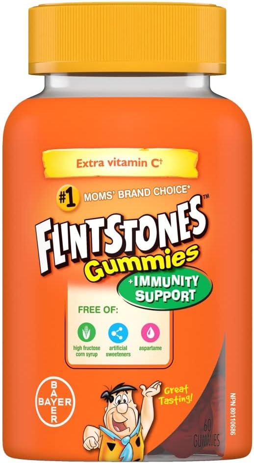 FLINTSTONES Kids Multivitamin Gummies Plus Immunity Support- Multivitamins for Kids, Kids Gummy With Zinc and Extra Vitamin CâĄ, Free of Artificial Sweeteners, Free of Aspartame, Free of Synthetic FD&C Dyes, 60 Gummies