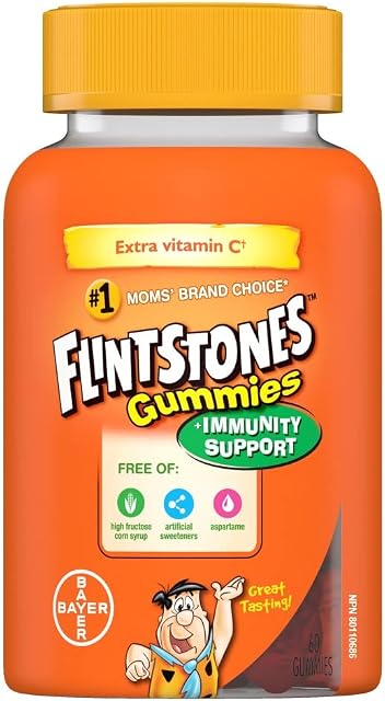 FLINTSTONES Gummies Multivitamines pour Enfants Plus Soutien Immunitaire - Multivitamines pour Enfants, Gummy Enfants Avec Zinc et Vitamine C Supplémentaire‡, Sans Édulcorants Artificiels, Sans Aspartame, Sans Colorants Synthétiques FD&C, 60 Gummies