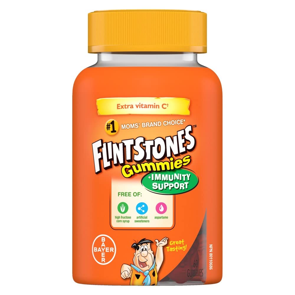 FLINTSTONES Kids Multivitamin Gummies Plus Immunity Support- Multivitamins for Kids, Kids Gummy With Zinc and Extra Vitamin C‡, Free of Artificial Sweeteners, Free of Aspartame, Free of Synthetic FD&C Dyes, 60 Gummies