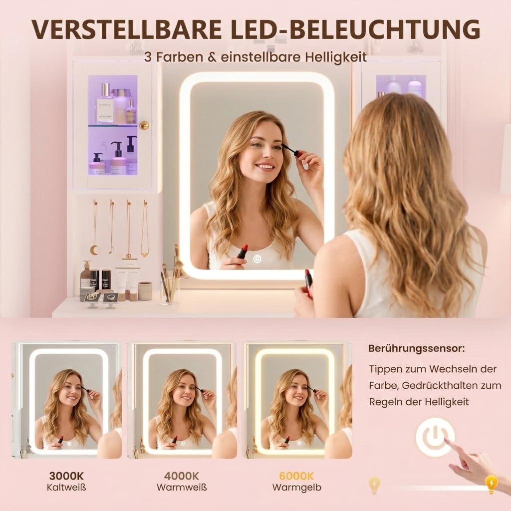APICIZON Schminktisch mit Beleuchtung und Spiegel, 105 cm mit Steckdose, 5 Schubladen, 2 RGB-Glasvitrinen und Schmuckaufbewahrung, Weiß