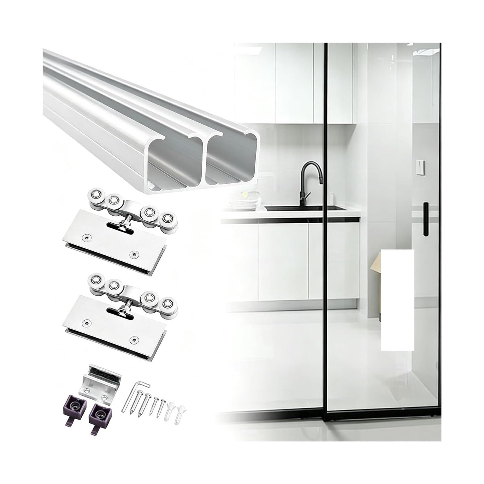 EBZFASO Sliding Door Track, Hardware Kit Silver Aluminum Double Rail 70-400cm 8-Wheel 70kg 8-12mm(330cm(10.8ft))