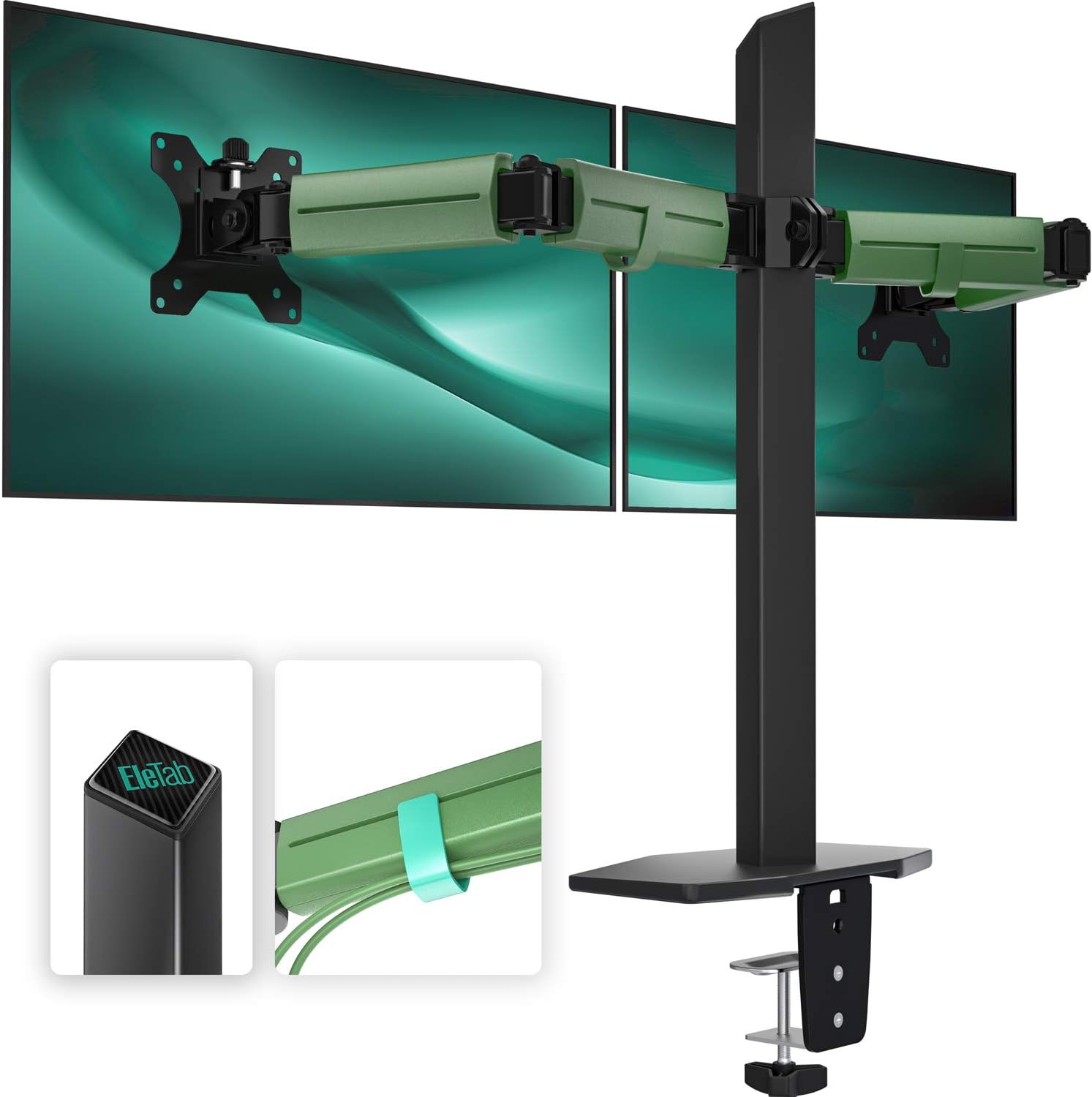 EleTab Dual Monitor Stand - Heavy Duty Dual Arm Monitor Desk Mount Fully Adjustable, Fit 2/Two LCD Screens up to 27 Inch with C-Clamp and Grommet Base, Green