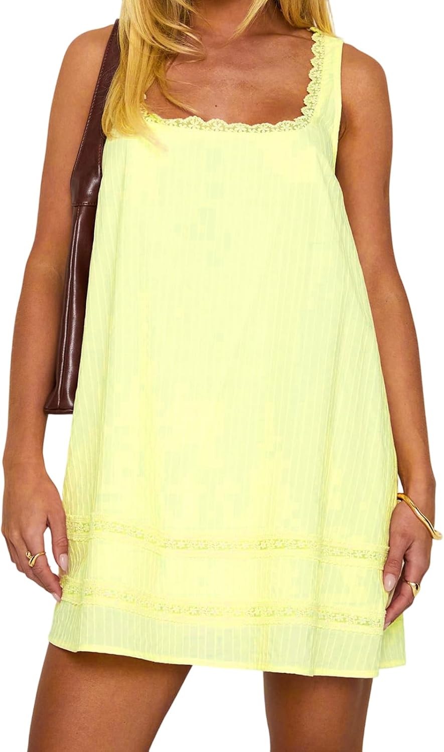 Casual Shift Dress for Women 2026 Fashion Lace Trim Square Neck Sleeveless Mini Dress Cute Spring Summer Outfits