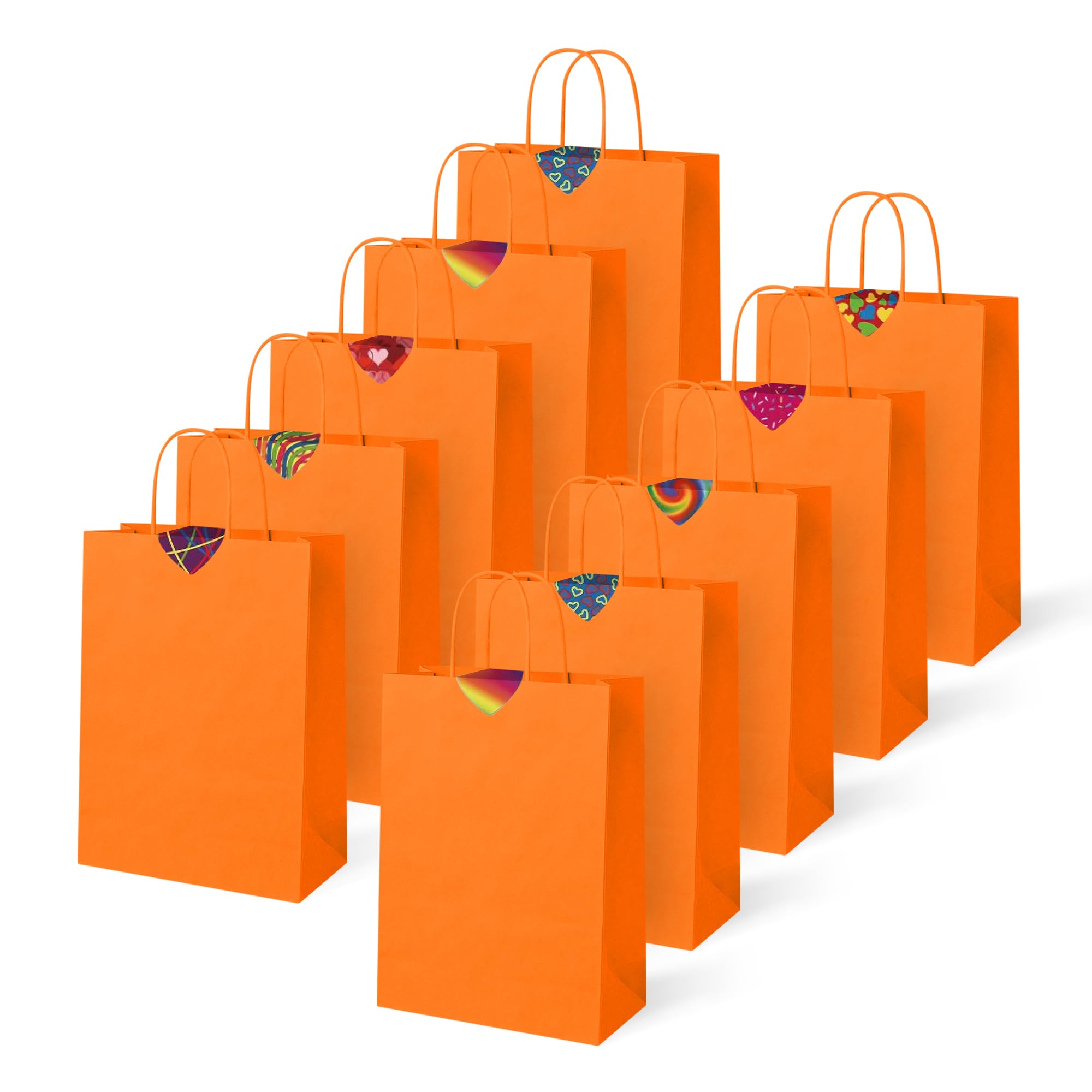 Thepaperbagstore 10 Orange Small Twist Handle Paper Bags + 10 Heart Stickers, Kids Party, Gift, Craft and Sweet Bags – 180x220x80mm