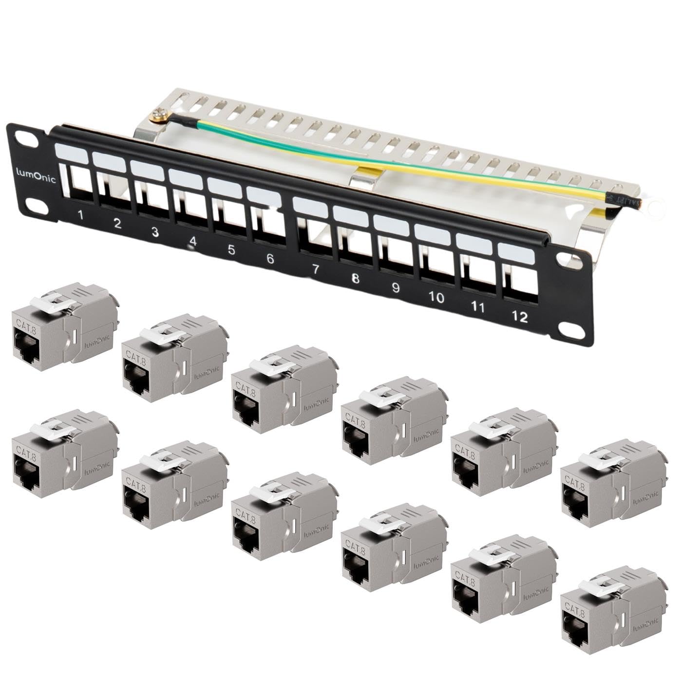 Lumonic 10" Patchpanel CAT8.1 Keystone-Set | 12 Port, 1HE mit Beschriftungsfeld | inkl. 12x CAT8.1 Module werkzeugfrei, 40 Gbit/s | Rackmontage | schwarzes Patchfeld | Kabelmanagement | PoE