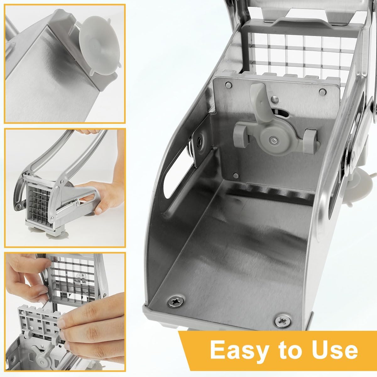 French Fry Cutter Stainless Steel Potato Chipper Fast Cutting Potato Chip Cutter with 36/46 Holes Blades Manual Food Slicer Dicer Multifunction Vegetable Fruit Chipper(silver)