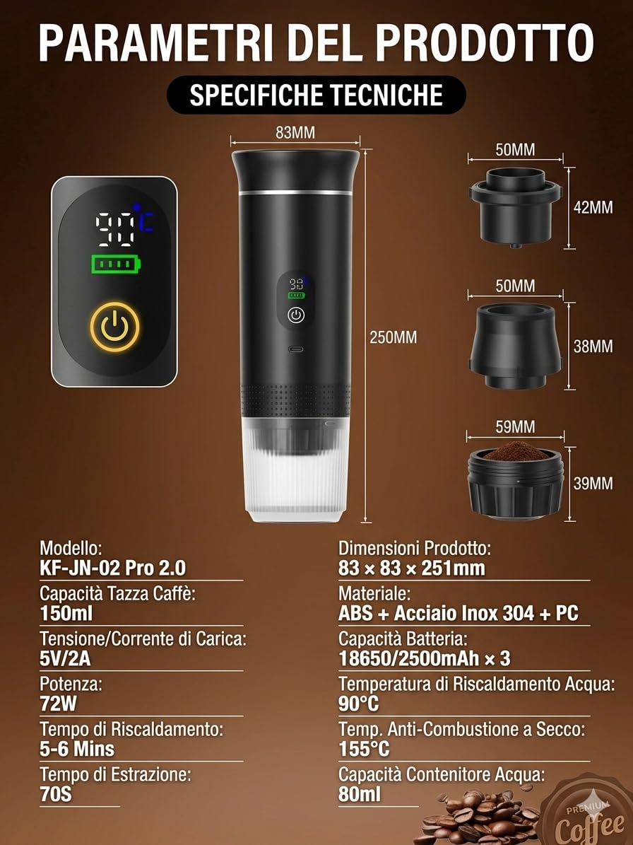 Macchina Caffè Portatile Espresso 3-in-1 - Riscaldamento Acqua Automatico 5 Min, Batteria 7500mAh, 20 Bar Pressione - Compatibile con Capsule Grandi, Piccole e Caffè Macinato - Per Auto, Viaggio, Uffi