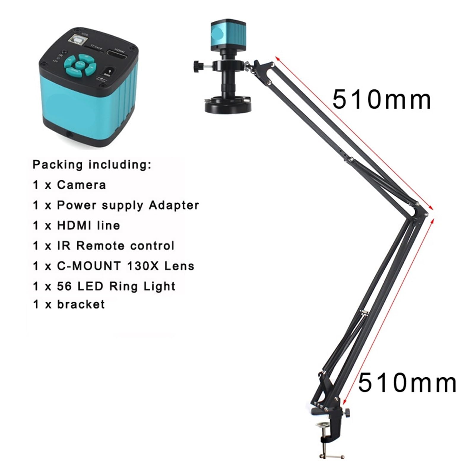48MP 4K 1080P HDM/I USB Industrial Video Digital Microscope Camera 130X Zoom C Mount Lens Cantilever Stand For Repair Soldering(Brown)