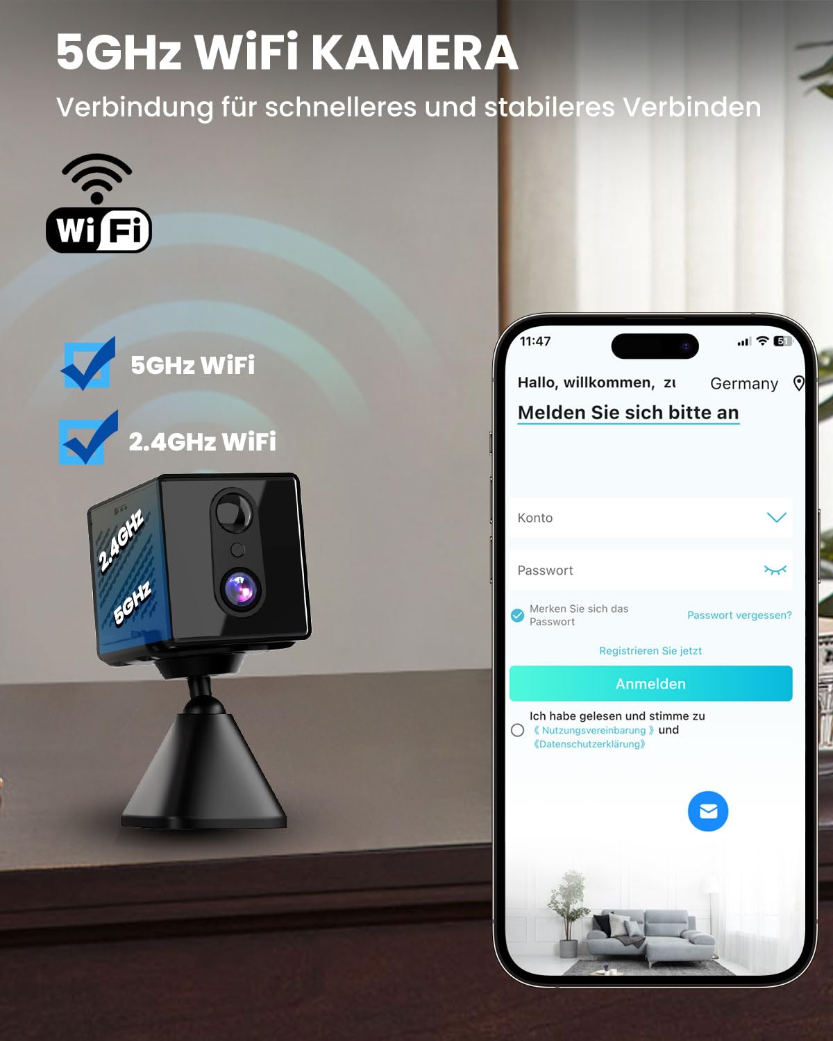 aidowocam Mini Kamera,5G WiFi Überwachungskamera Innen,Kamera Überwachung Innen,Kostenloser Cloud-Speicher, Lange Standby Akku Kamera,Bewegungsmelder,Nachtsicht,Unterstützt SD-Speicher