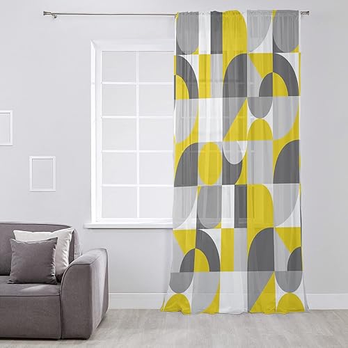 Miniatura 2 de Yellow Grey Window Curtains 54 Inches Long,Semi Sheer Rod Pocket Chiffon Curtains Drapes Drapery Voile Draperies Window Treatment for Living