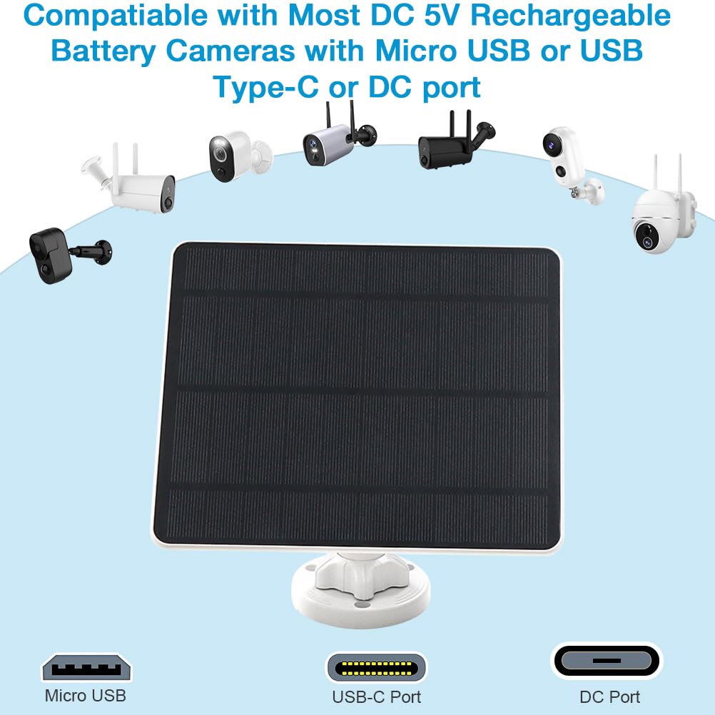 Pannello solare per telecamera di sicurezza, pannello solare USB 5 W per telecamere DC 5 V, caricatore da pannello solare micro USB e USB-C e DC, impermeabile IP65 con montaggio regolabile a 360°