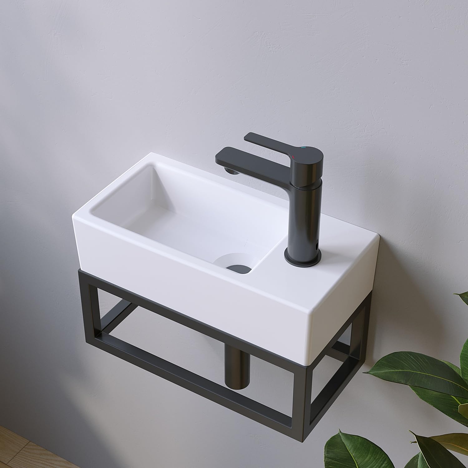 Waschbecken Keramik Waschtisch Hängewaschbecken klein Handwaschbecken Weiß Eckig 40 x 20 cm Badezimmer Gäste WC Hahnloch Rechts mit Stockschrauben | OHNE Überlauf | OHNE Wasserhahn | OHNE Ablaufventil