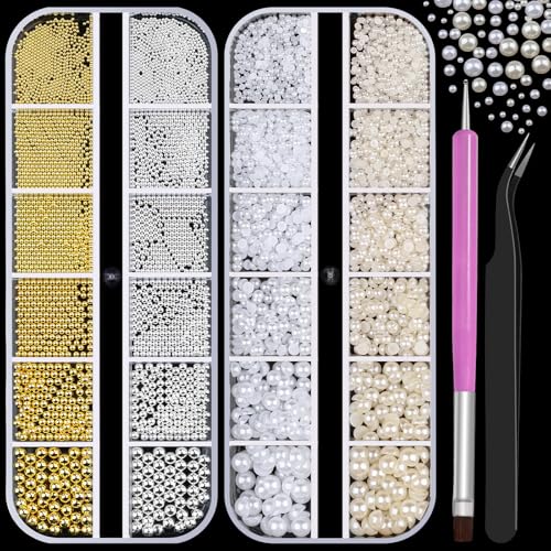 2 Boxes Metal Nail Beads and Flatback Pearls with Tweezers and Brush Kit, 1.5-5mm White & Beige Half Round Pearls, 0.8-3mm Gold Silver Small Caviar Beads Balls for Face Makeup Manicure Crafts(1-K2)