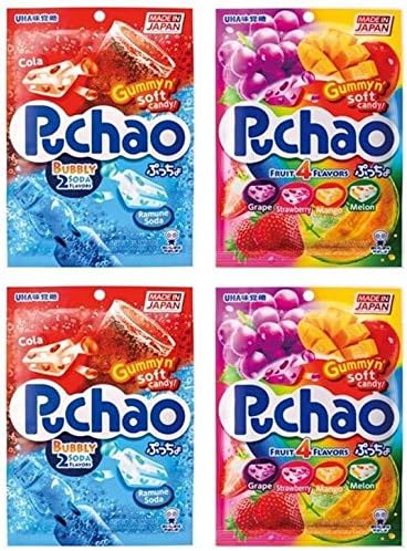 Puchao Gummy n' Soft Candy, Cola, Ramune Soda, and 4 Fruits Flavors, 3.53 Ounces, Pack of 4