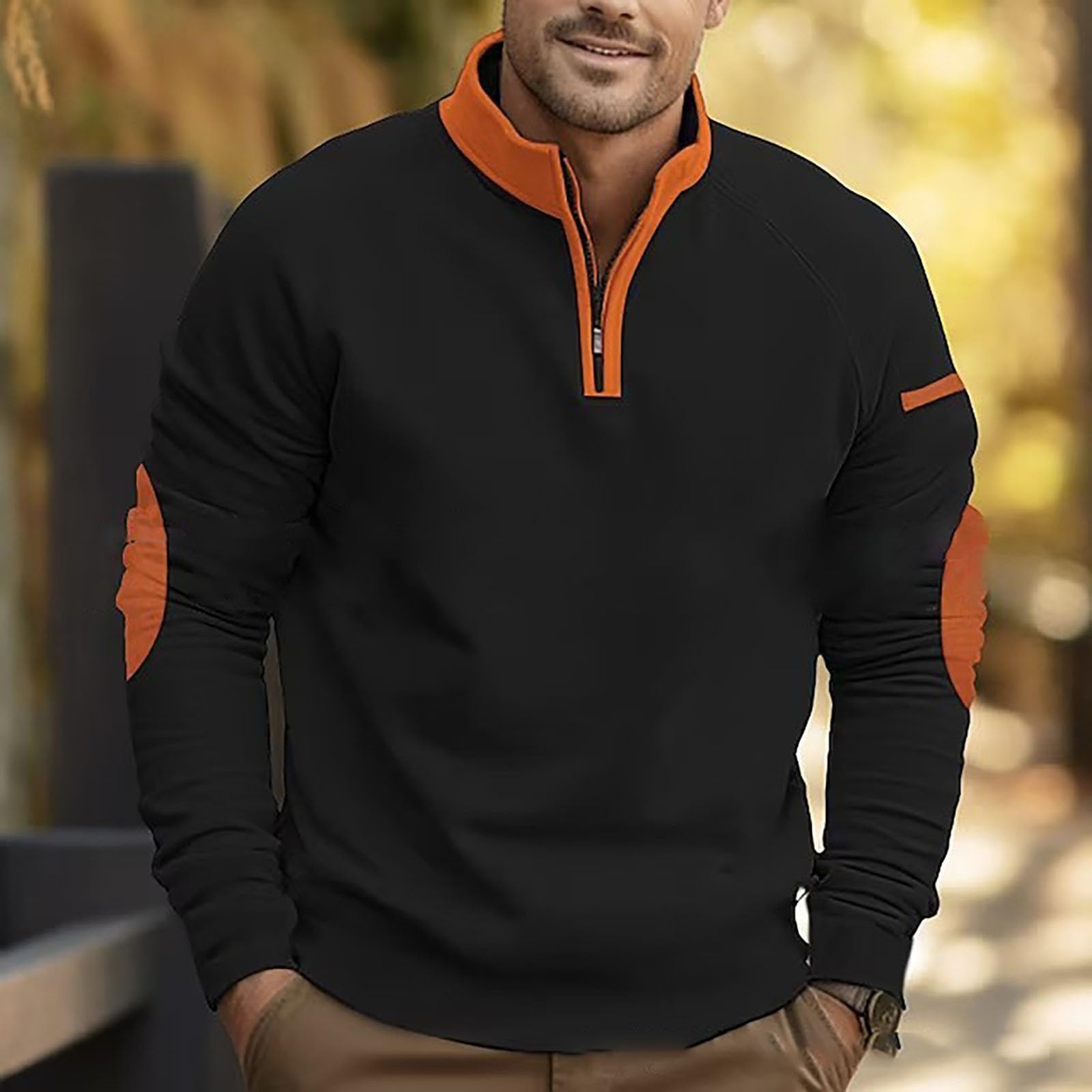 Chunotu, maglione da uomo con zip a un quarto di lunghezza, a blocchi di | Toppe leggere a contrasto gomito colletto stand 1/4 zip felpe casual autunno inverno all'aperto lounge vestiti