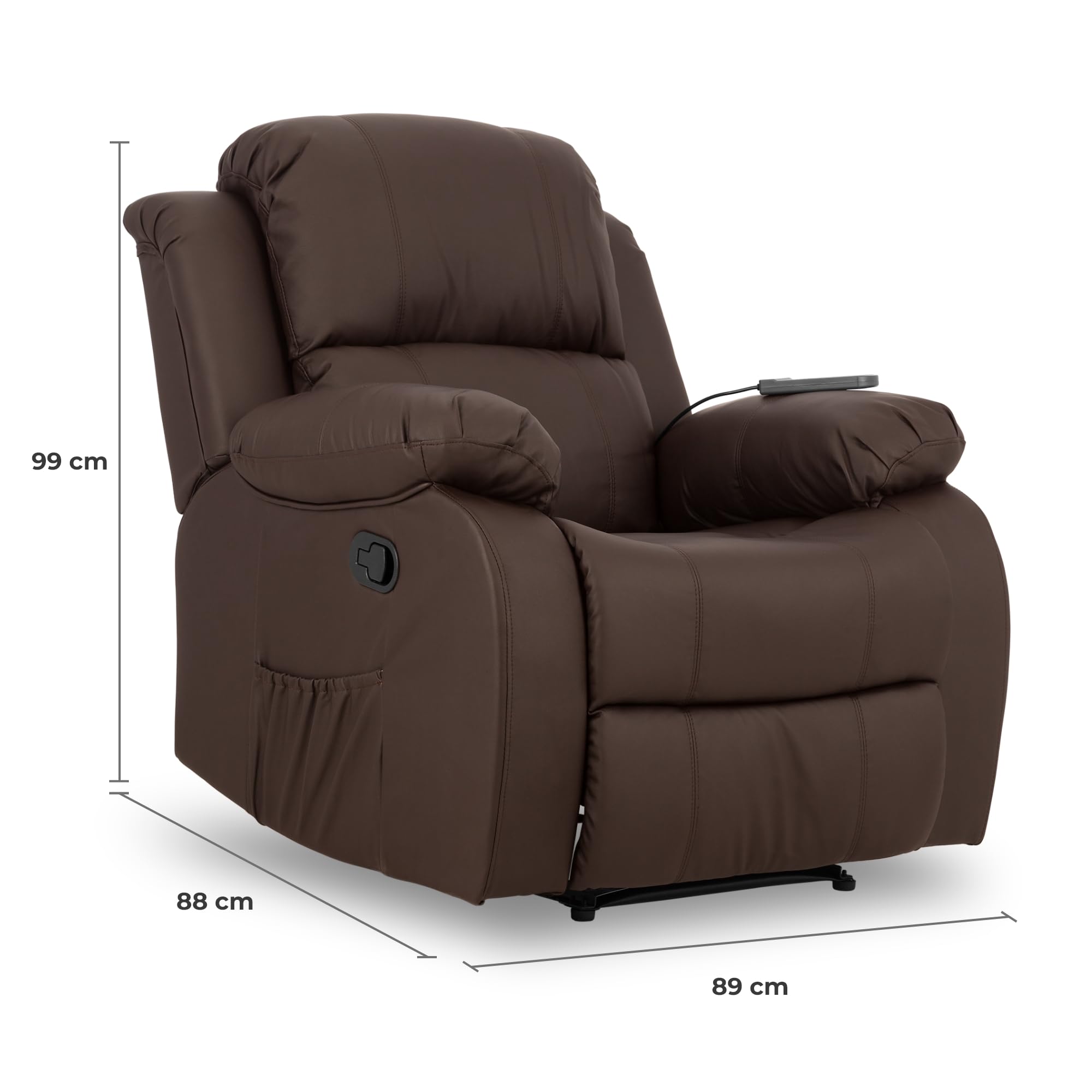Don Descanso - Sillón Masaje Relax Calor Trevi Choco Reclinable 160º con 8 Motores Silenciosos, Calor Lumbar, Sist. Masaje 4 Zonas y Acabado en PU Anti-Cuarteo [Incluye Mando]. Ideal Gente Mayor