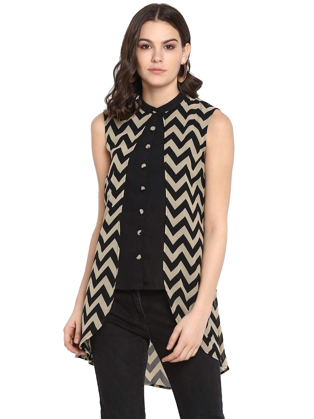 Lady StarkBlack Color Polyester High-Low Styled Sleeveless Women's Top with a Mandarin Shirt Collar