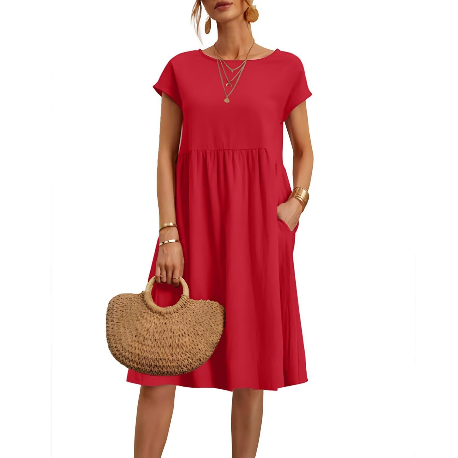GenericDresses for Women 2024 Summer Plus Size Short Sleeves Cotton Linen Midi Dress Trendy Casual Loose Beach Sundress