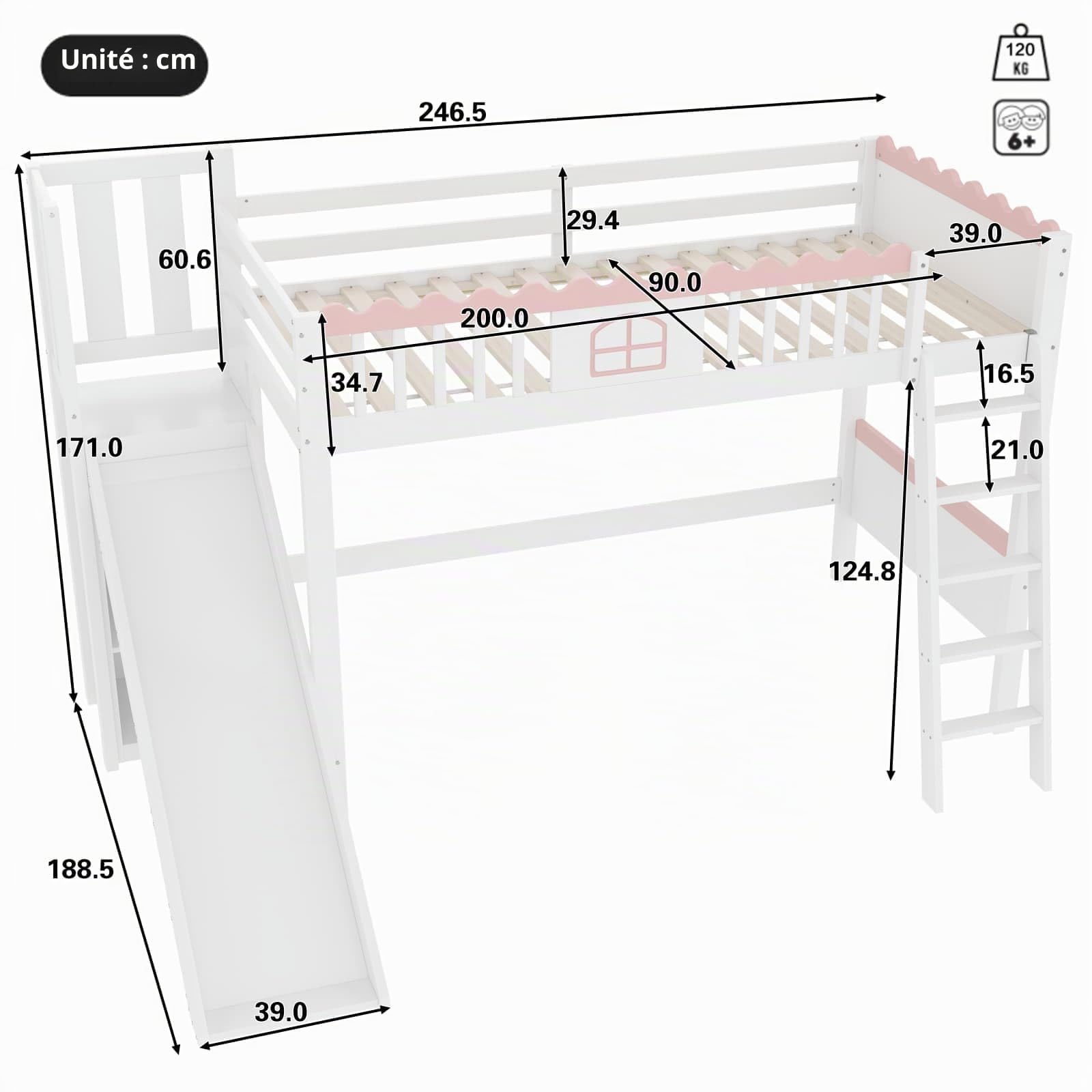 PUGSDRLY Lit Mezzanine 1 Place avec Toboggan et étagères,Lit Mezzanine Fille 90x200cm avec éclairage LED,Cadre en Bois de Pin,Enfant,Certifié EN747,Blanc (Blanc-B)