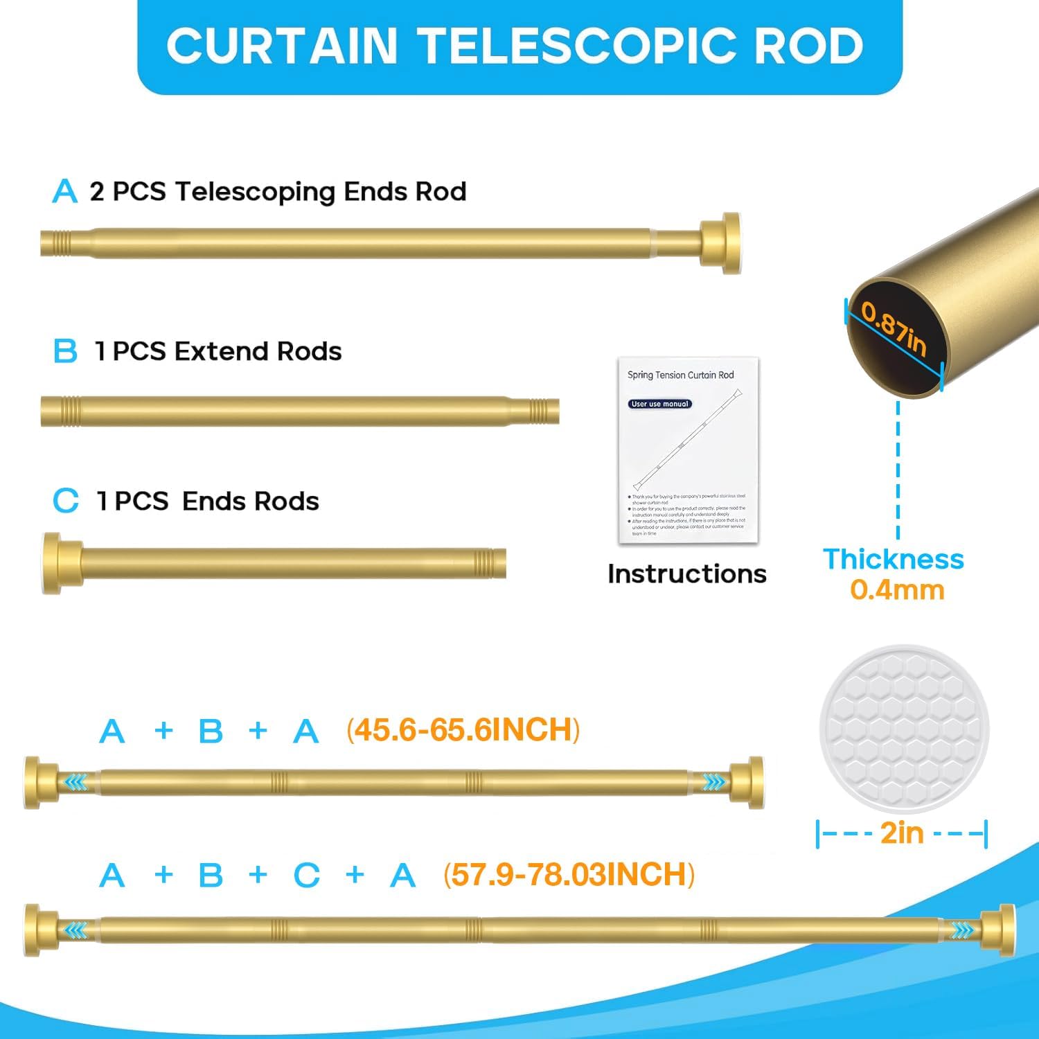 1Pack Gold Spring Tension Curtain Rod 45-78 Inches, 7/8" Diameter image 2