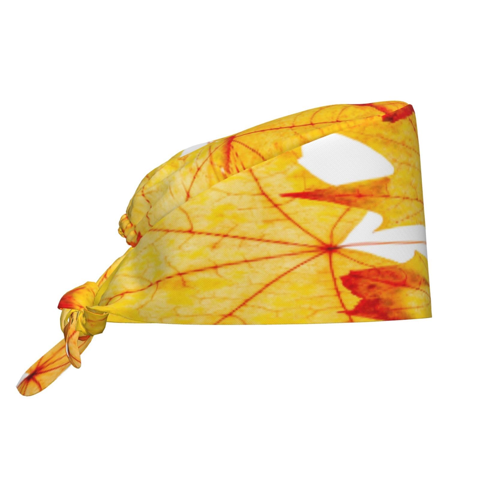 Kuilepa Autumn Maple Leaves Print Working Caps With Sweatband Adjustable Working Hats Elastic Scrub Hats Nurse Scrub Cap