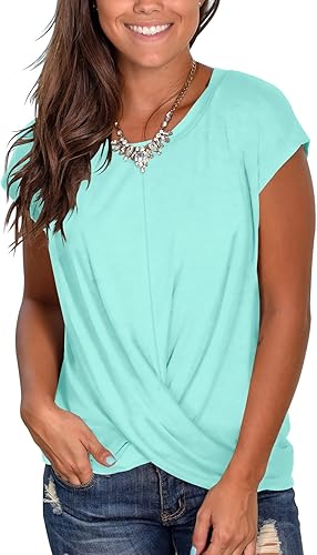 Jescakoo - Camiseta de mangas cortas para mujer, cuello redondo, nudo en la parte delantera, ajuste holgado