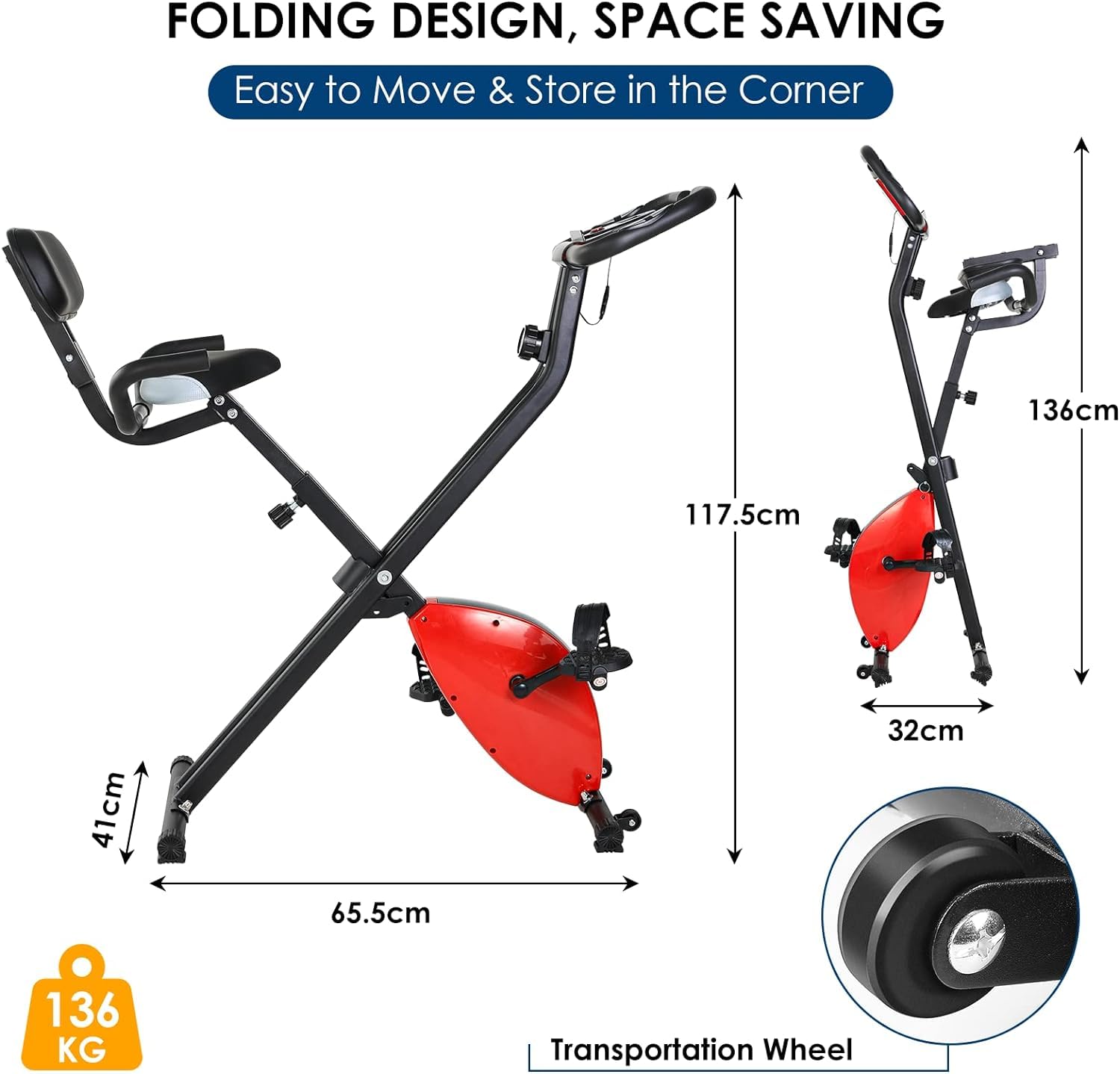 X Bike, allenatore bicicletta, cyclette pieghevole, portata fino a 136 kg, con volano da 6 kg, 8 livelli di resistenza, poco ingombrante