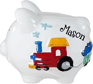 Kids Coin Bank - Train Money Bank - Blue Little Piggy Coin Organizer with Custom Name