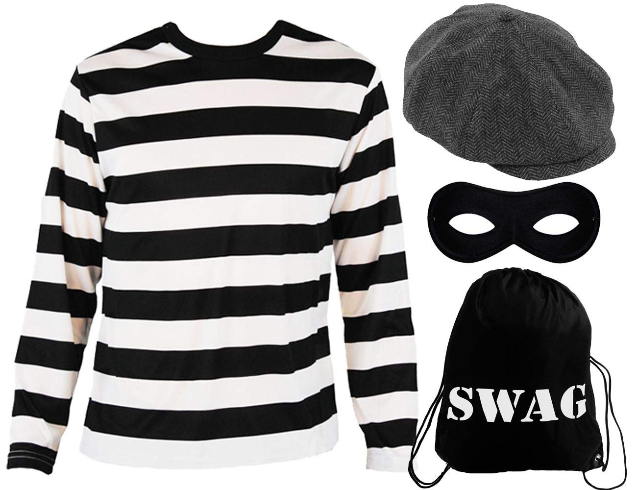 ADULTS BURGLAR COSTUME - BLACK & WHITE STRIPED T-SHIRT + FLAT CAP + EYEMASK + "SWAG" BAG - PERFECT FOR SCHOOL BOOK WEEK AND WORLD BOOK DAY FOR CHILDREN MEN AND WOMEN WITH BURGLAR SWAG BAG