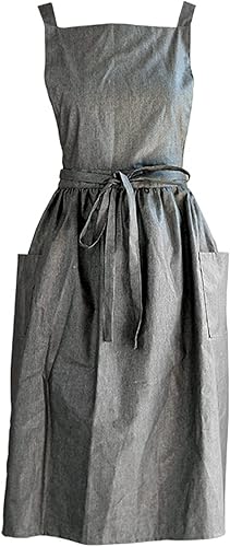 Delantal de lino de algodón con espalda cruzada, delantal vintage para mujer, con 2 bolsillos para cocinar, pintura, jardinería