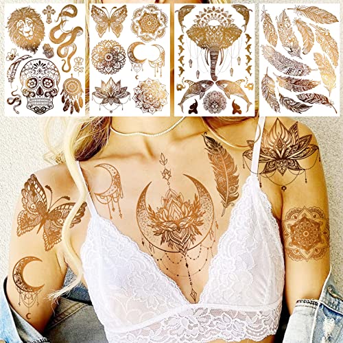Coktak 9 Sheets 88+ Designs Large Gold Metallic Temporary Tattoos For Women Boobs Girls Adults, Tribal Bohemia 3D Flash Fake Golden Tattoo Stickers Eleplant, Realistic Glitter Snake Tattoos Moon Lotus Body Art #TOP3