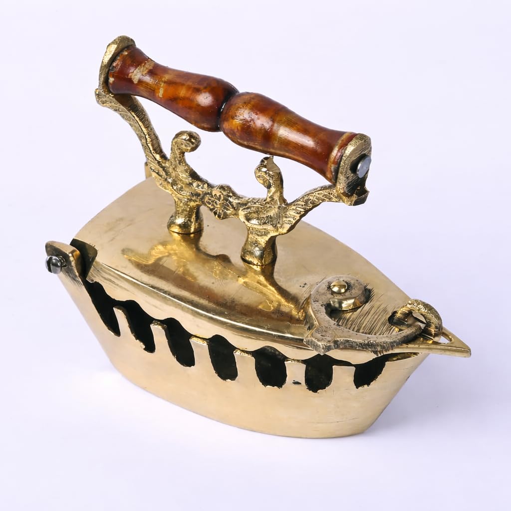 Pure Source India Vintage Brass Charcoal Iron with Wooden Handle, Antique Coal Press Iron for Home Décor, Decorative Collectible, 4 Inch, Boat-Shaped-image-4