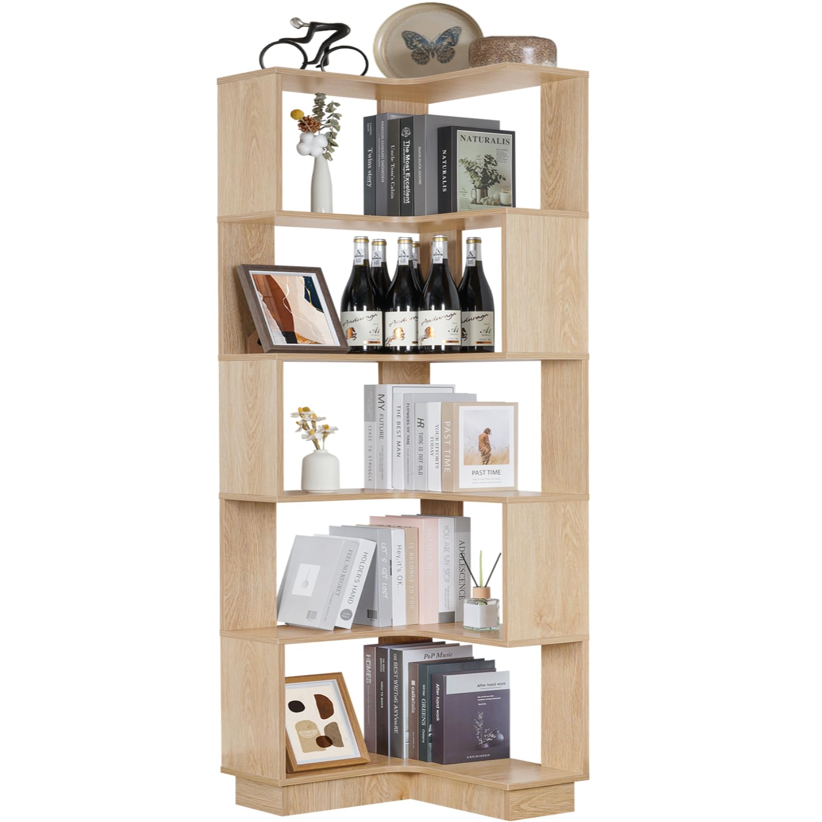 Estantería esquinera de madera, estantería esquinera de 5 niveles de 68.9 pulgadas, estante de almacenamiento en forma de L, estantería alta y grande abierta con accesorio para sala de estar 9