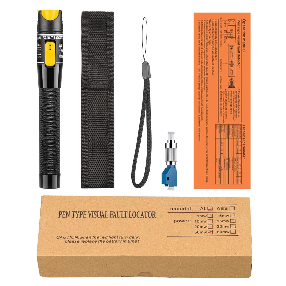 Testeur de Fibre Optique 50MW FTTH, Localisateur visuel de défauts de Type Stylo avec Adaptateur FC-LC, Lumière Rouge, Testeur de Câble 50Km (Jaune)