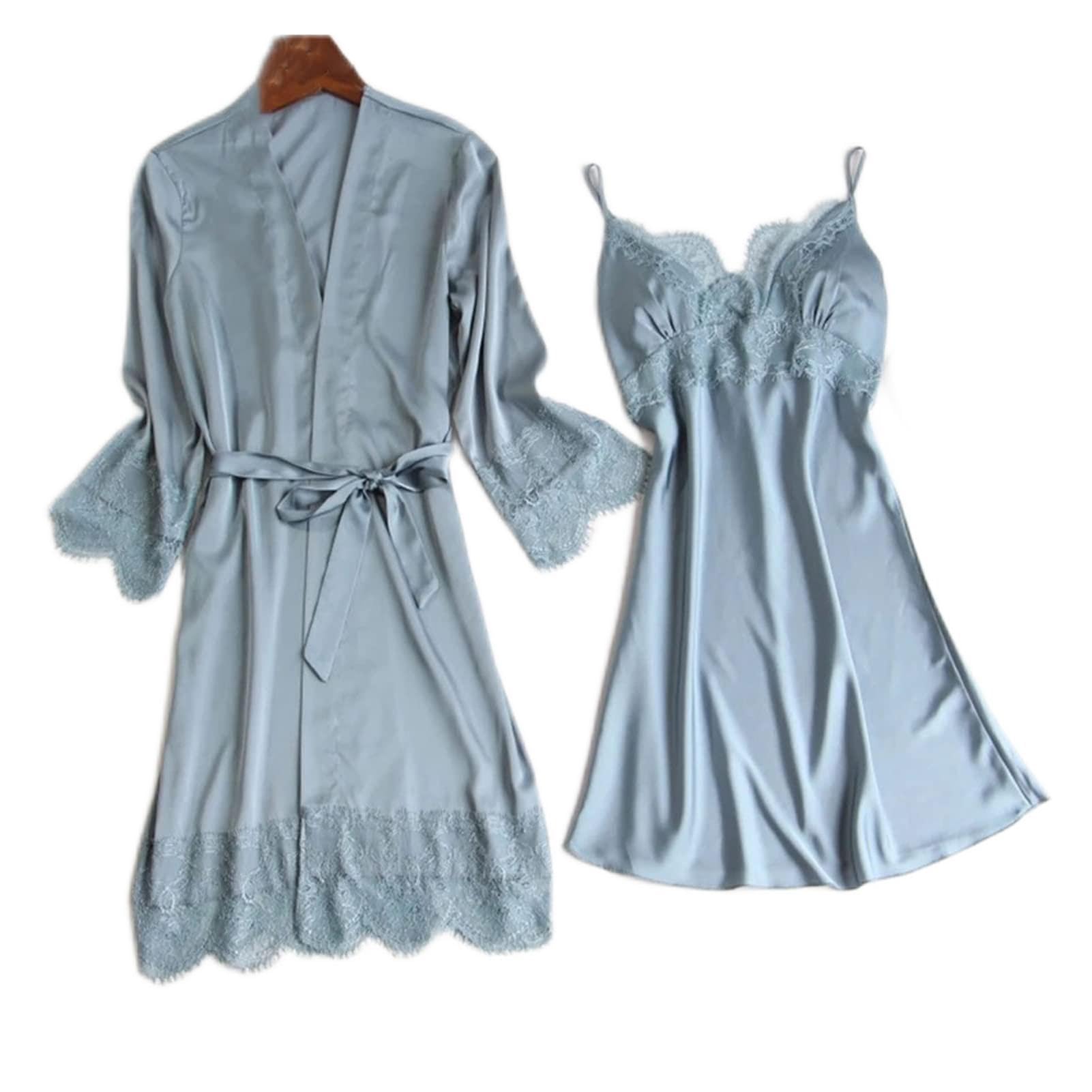 Peignoir et nuisette en soie avec dentelle pour vêtements de nuit féminins (A XX)